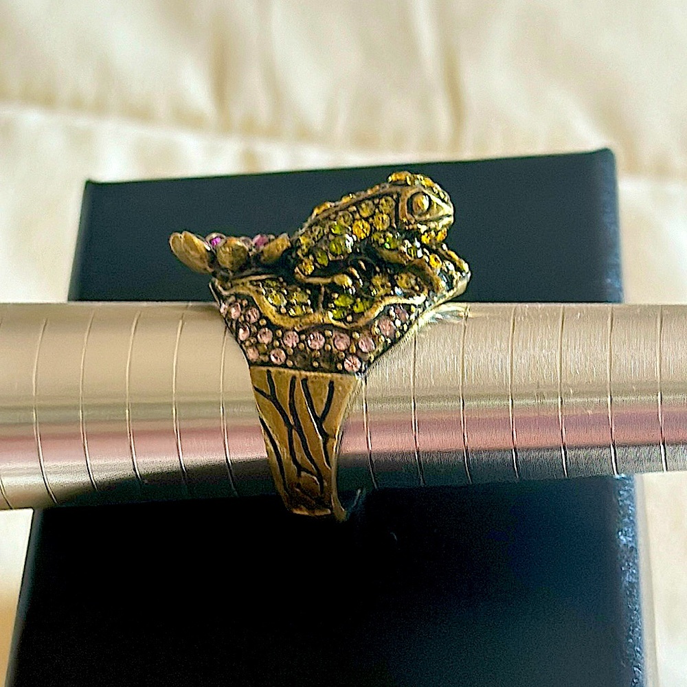 Gold Frog Ring with Pink and Green Accents